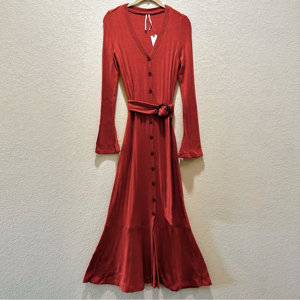 Anthropologie | Terracotta Knit Maxi Dress w/ Bell Bottom Sleeves | XS